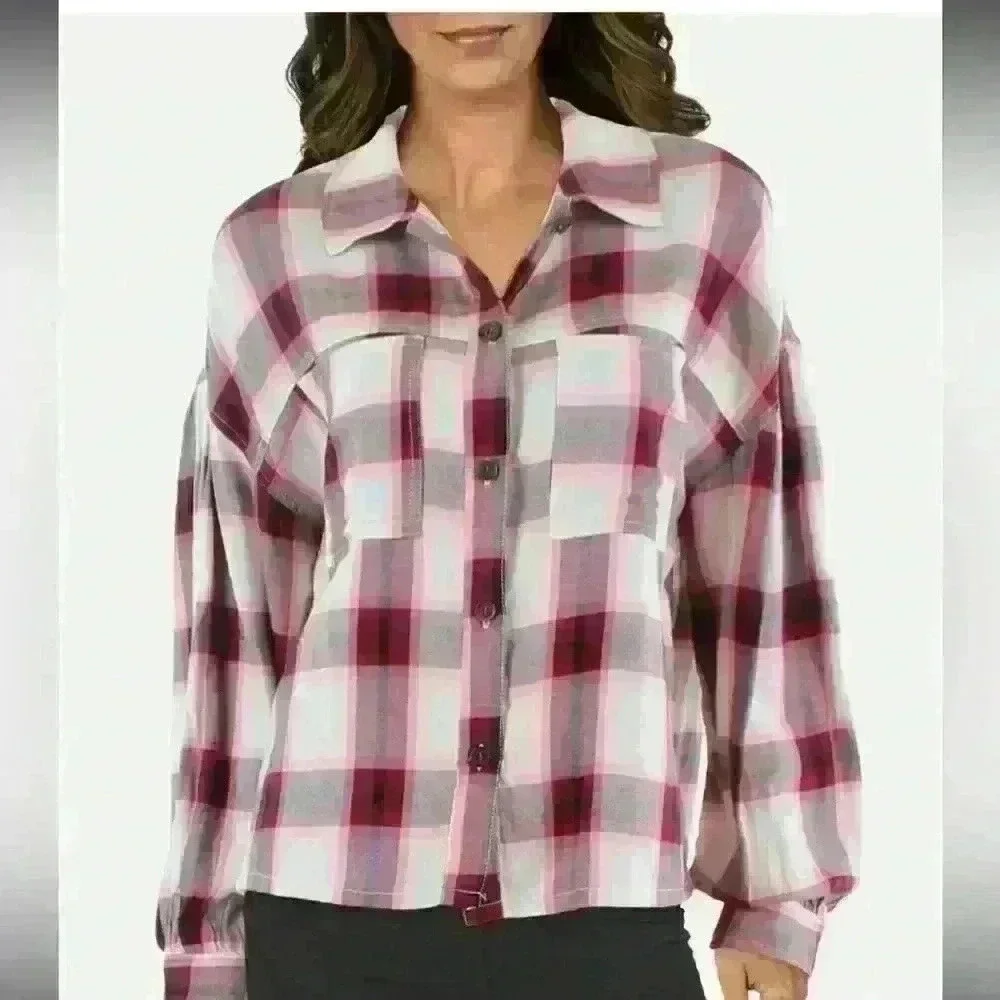 Sanctuary Womens Plaid Crop Button-Down Top
